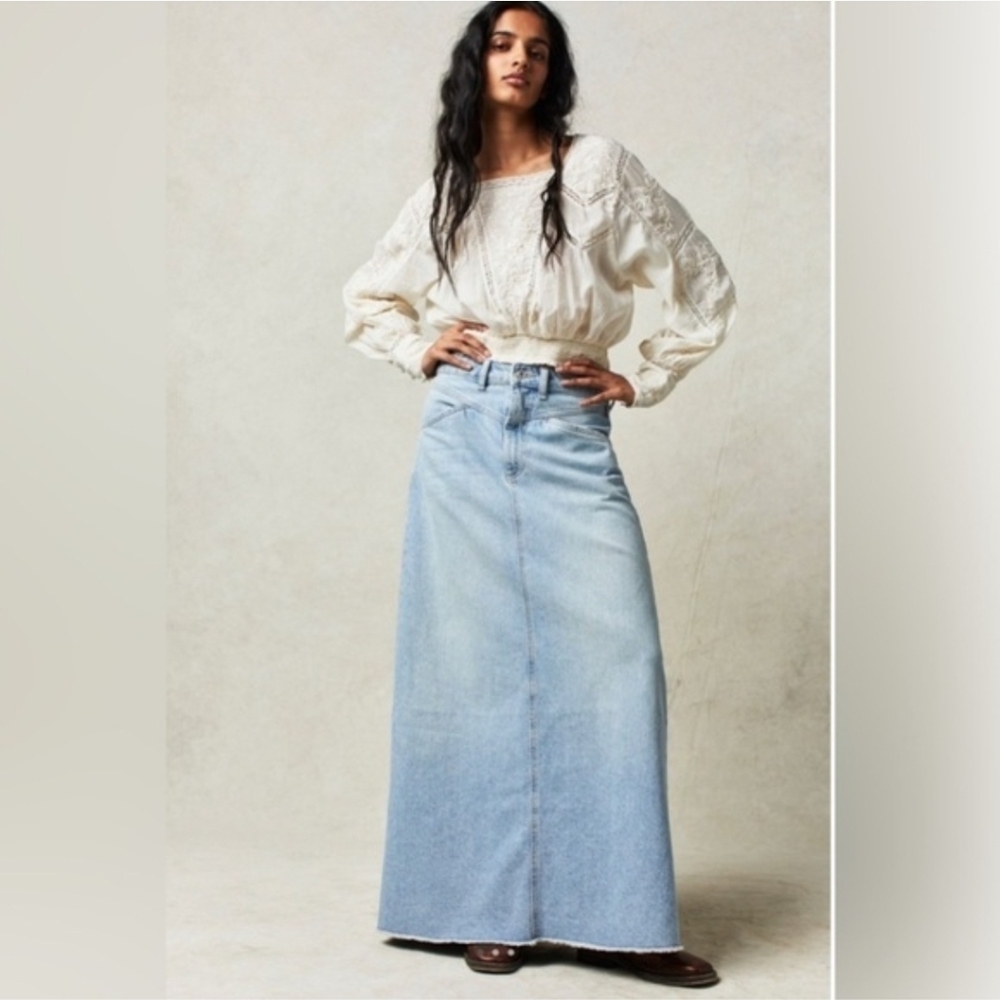 NWT Free People We The Free Come As You Are Denim Maxi Skirt Sz 4 Light Wash